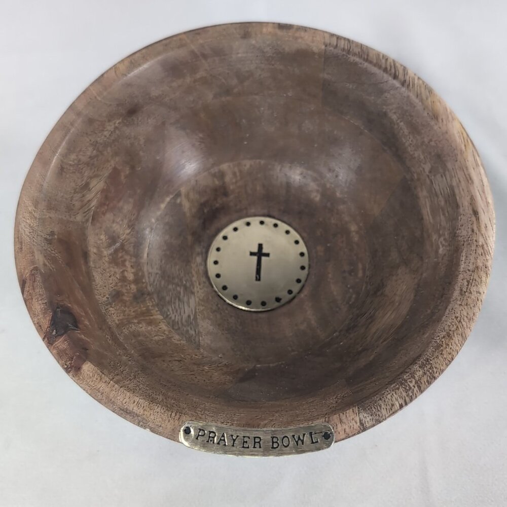Mudpie Prayer Bowl Wood Wooden Brown Gold Cross Christian Catholic Boho MCM